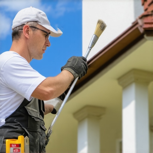 Close-up of a painter applying paint with premium brushes and an extension pole.