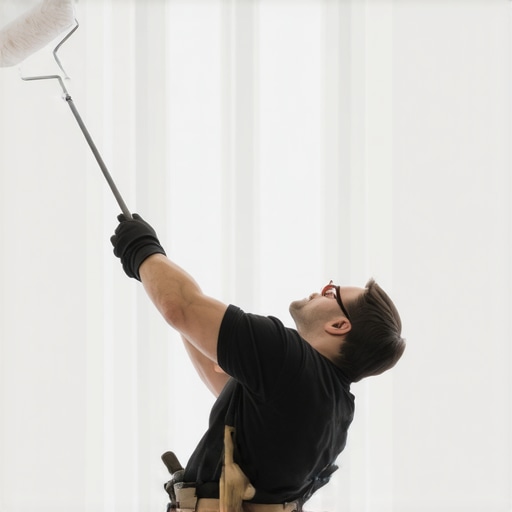 A painter with a lightweight extendable pole applying paint to a high ceiling in a well-lit room