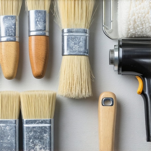 Set of premium brushes, rollers, and a power washer used for house painting tasks