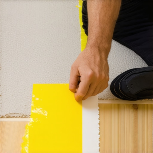 Close-up of painter applying masking tape along plush carpet edge for painting