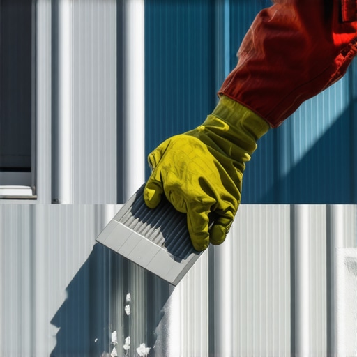 Person cleaning tree sap off house siding with scraper and solvent
