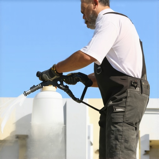 Painter applying exterior paint with a professional sprayer for durability and efficiency.