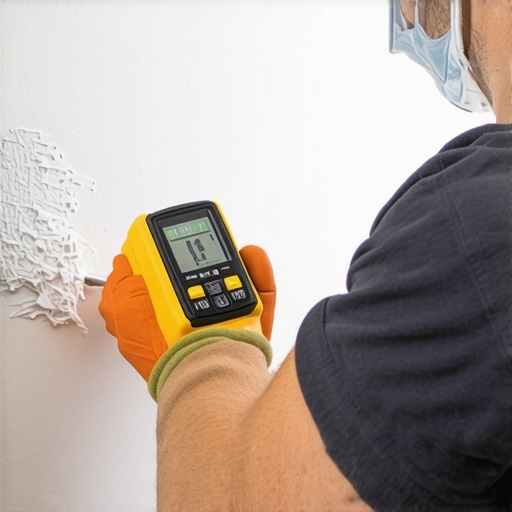 Advanced Surface Preparation with Moisture Testing Painter testing wall moisture before painting to ensure proper adhesion