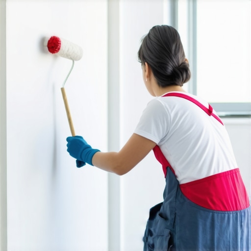 Person painting hallway walls with roller showing ceramic coating application
