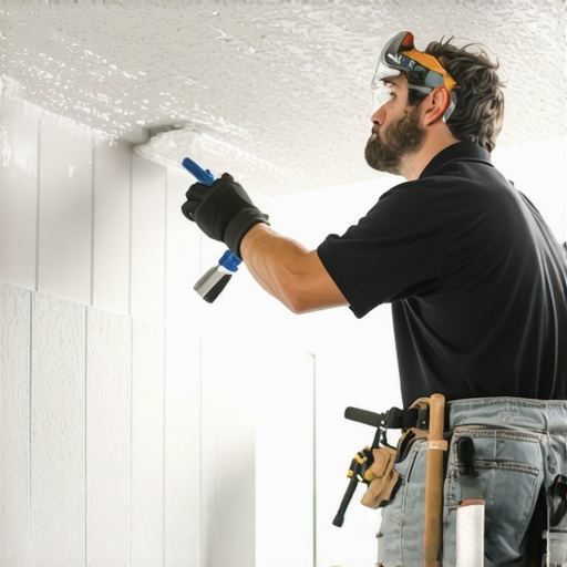 Close-up of a painter using a roller to coat a bathroom ceiling with mold-resistant paint