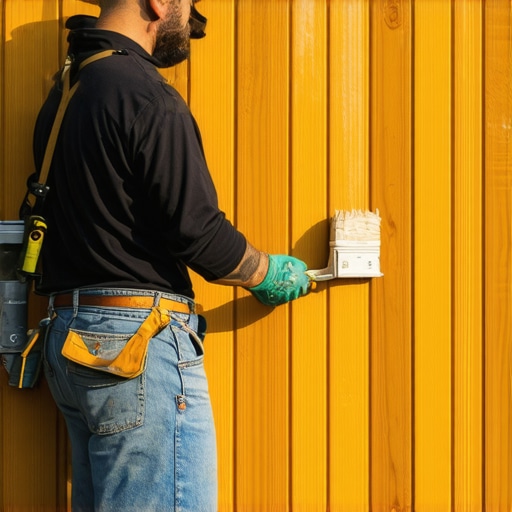 Painter applying tannin-blocking primer to cedar siding with a brush in bright daylight.