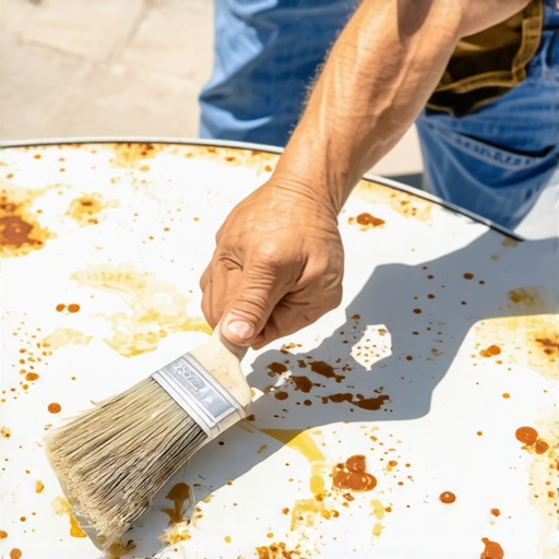 Person applying rust-inhibiting primer to outdoor metal furniture with a brush.
