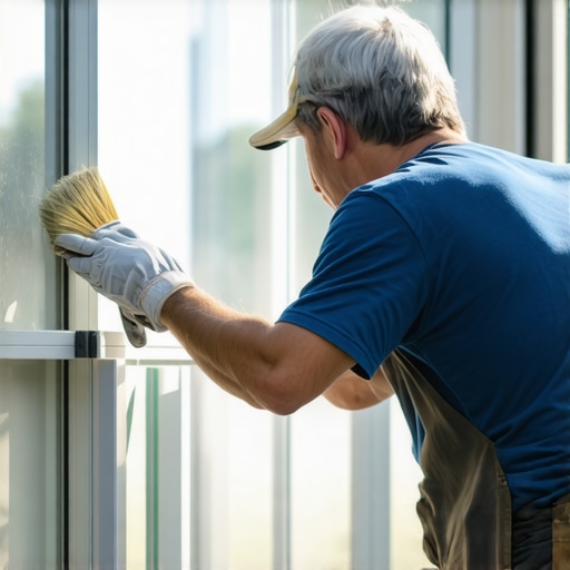 Person in work gloves painting a metal window frame with primer outdoors