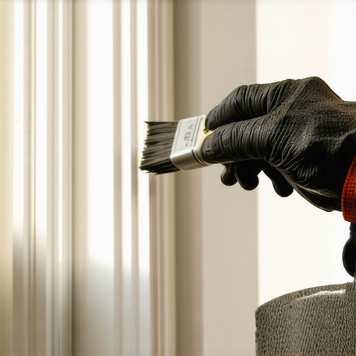 Painter's hand carefully applying paint with an angled brush along window trim masked with painter's tape