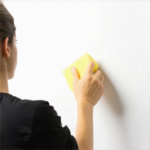 Person wiping wall with a sponge during wall cleaning process for painting prep.