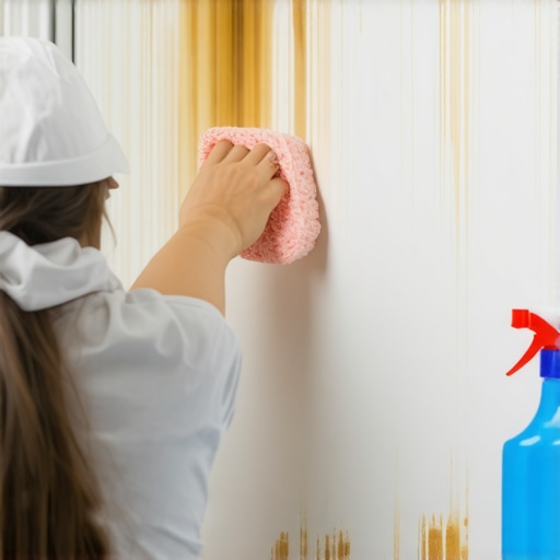 Applying cleaning solution and scrubbing greasy kitchen wall for painting preparation