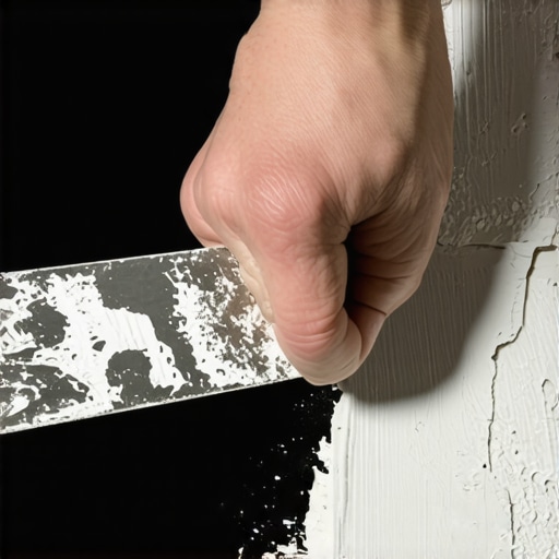 Hand applying crack filler to drywall with a putty knife in a workshop setting.