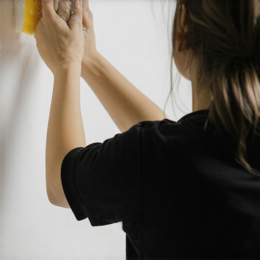 Person thoroughly cleaning wall surface with sponge before painting