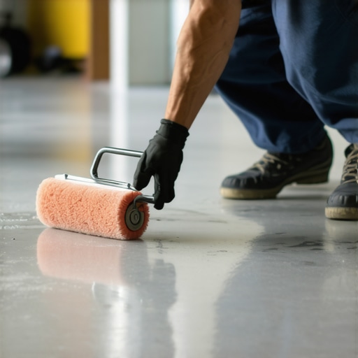 Person applying epoxy floor paint with a roller on concrete garage surface.