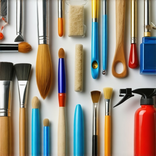 Professional painting tools neatly organized, highlighting brushes, rollers, and sprayers.