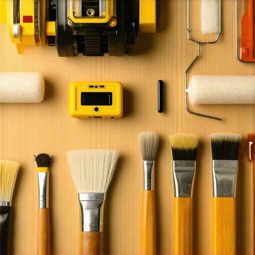 A collection of top-quality painting tools like laser level, brushes, rollers, and spray gun arranged for professional use.