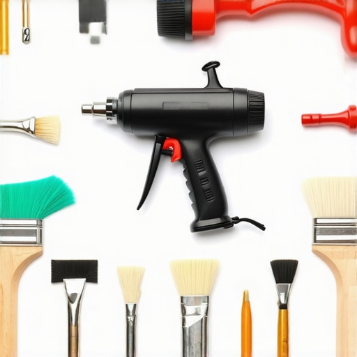A collection of high-quality painting tools including sprayer, caulking gun, and brushes, ready for house maintenance.