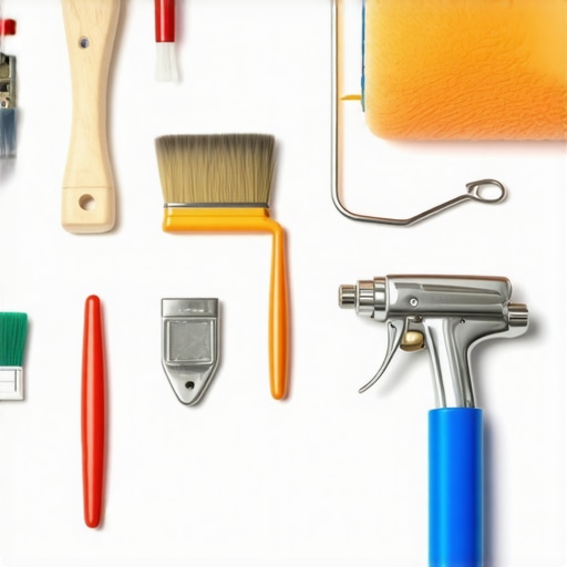 A collection of high-quality painting tools laid out on a workbench, ready for use.