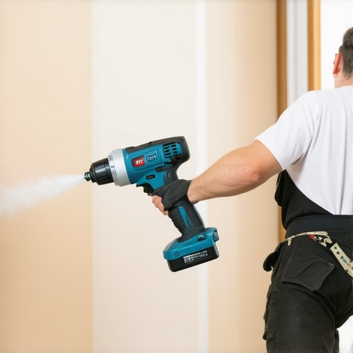 Painting tools including a cordless spray gun and microfiber roller in use