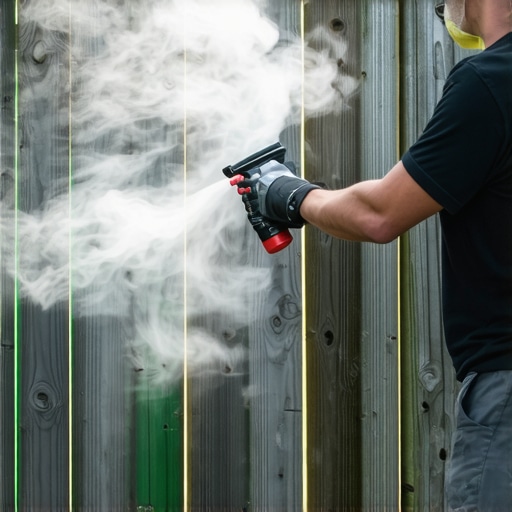 Even Fence Staining Technique Person spraying stain evenly on a wooden fence for a smooth finish