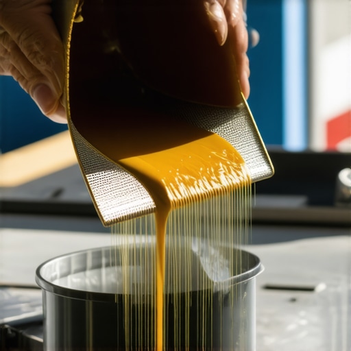 Person filtering thick old paint through a window screen to remove lumps