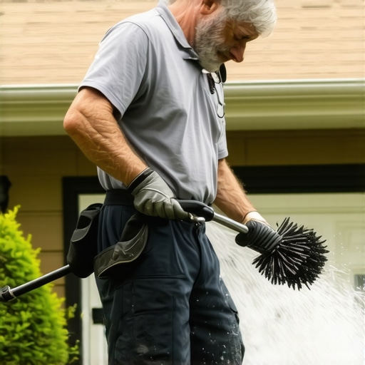 Home Exterior Maintenance Tools in Action Person cleaning house exterior with pressure washer and brushes