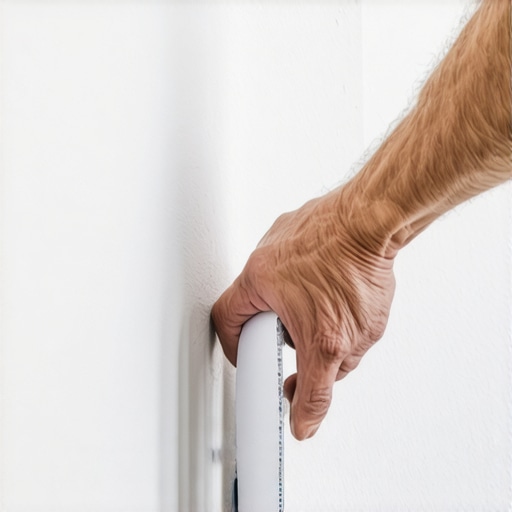 Close-up of hand pressing painter's tape into textured wall corner