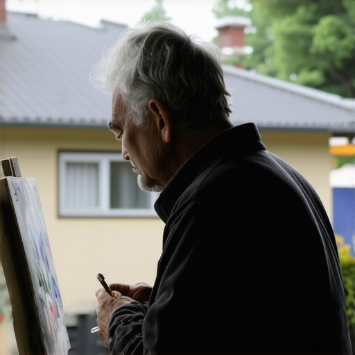 A painter applying house paint in shaded conditions on a cloudy day