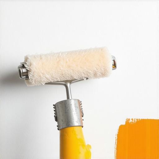 A painter's hand applying smooth coat of paint with roller under natural light.