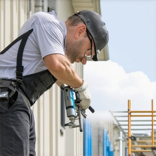 Painter using spray gun with scaffolding in background, highlighting tools used for durable painting