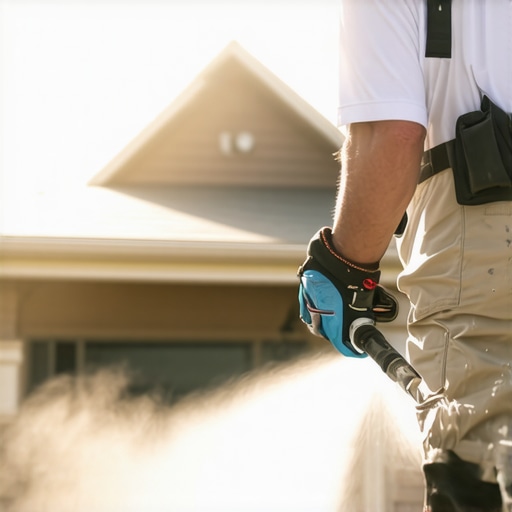 A painter cleaning the exterior of a house with a pressure washer to maintain durability