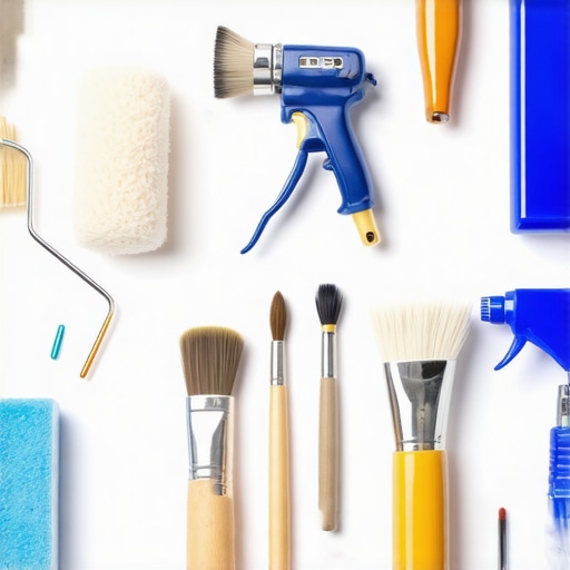 Professional House Painting Tools Ready for Long-Term Use A collection of high-quality brushes, rollers, and a spray gun used for house painting, prepared for maintenance.