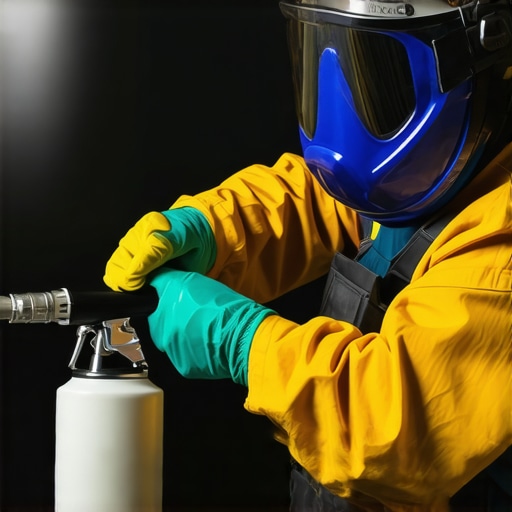 Close-up image of a painter cleaning a spray gun with protective gear, demonstrating proper maintenance.