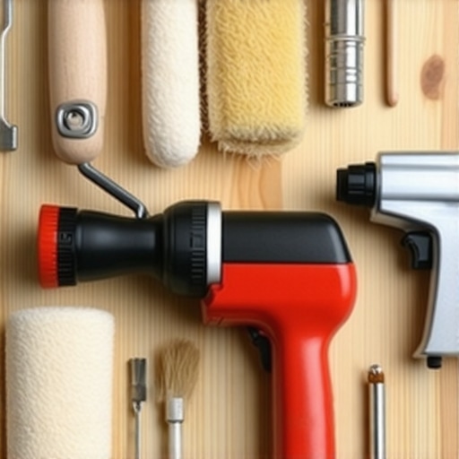 Professional Painting Tools Lineup Close-up of various high-quality tools used in house painting, including orbital sander, brushes, rollers, and spray equipment.