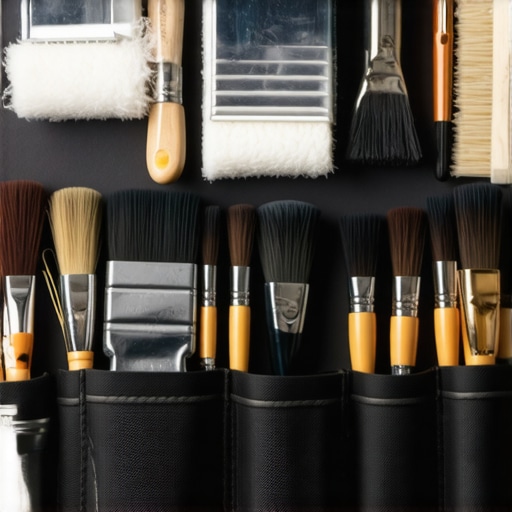 A carefully organized toolbox with paint brushes, rollers, and maintenance tools for house painting.