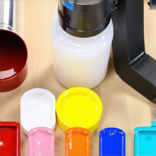 Close-up of modern paint sprayer with brushes and cleaning supplies on a table