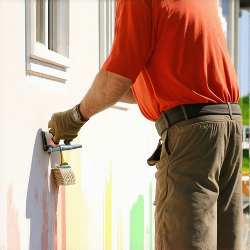 A painter carefully applying paint to a house exterior with brushes and rollers.