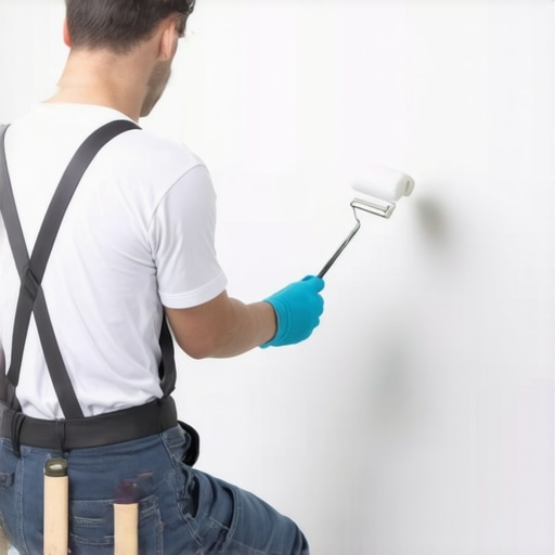 A painter expertly applying low-sheen paint to wall with a roller and brush, ensuring smooth and durable surface.