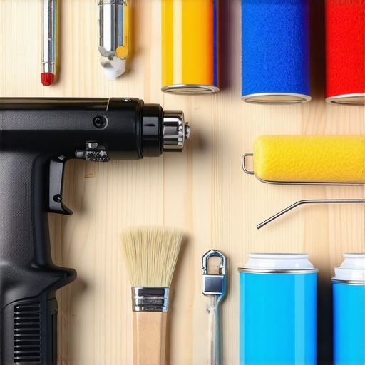 A set of professional house painting tools including spray gun, brushes, and rollers on a workbench.