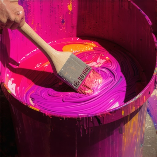 Painter thoroughly mixing paint in a large bucket using a paddle, ensuring even color distribution.