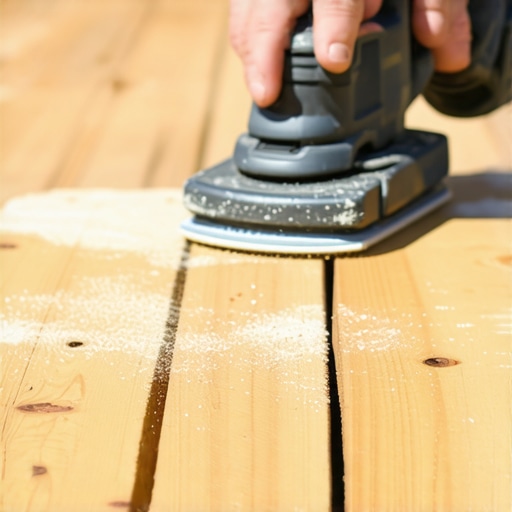 Person sanding a deck board to prepare for staining