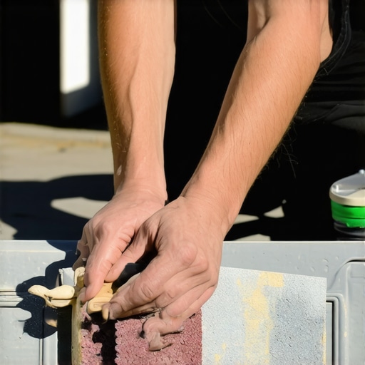 Person sanding plastic patio table with sandpaper in garden