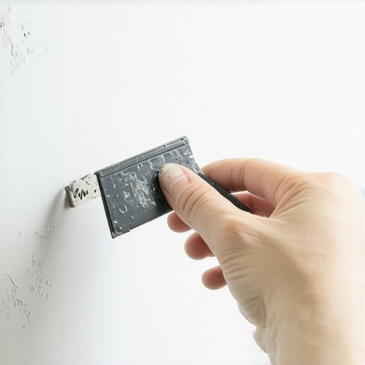 Close-up of a person gently scraping dried paint off a wall with a razor blade