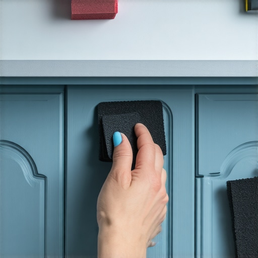 Person cleaning and sanding wooden cabinets before painting