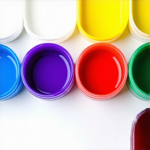 Various paint containers with labels indicating chemical formulas and properties