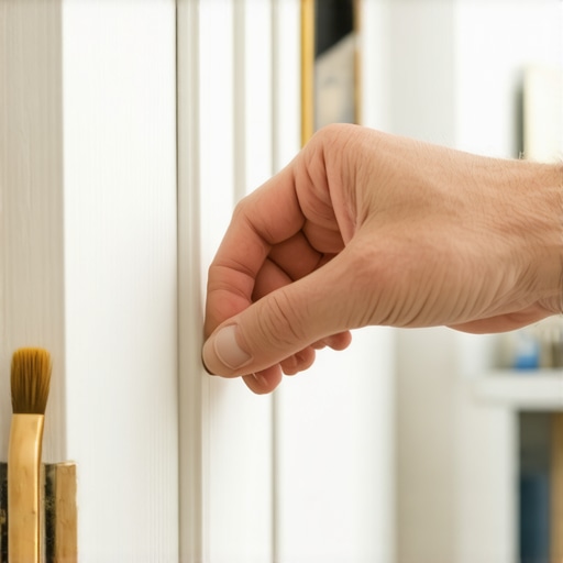 Using a Penny to Secure a Door During Painting Hand placing a penny under a door to prevent swinging while painting.