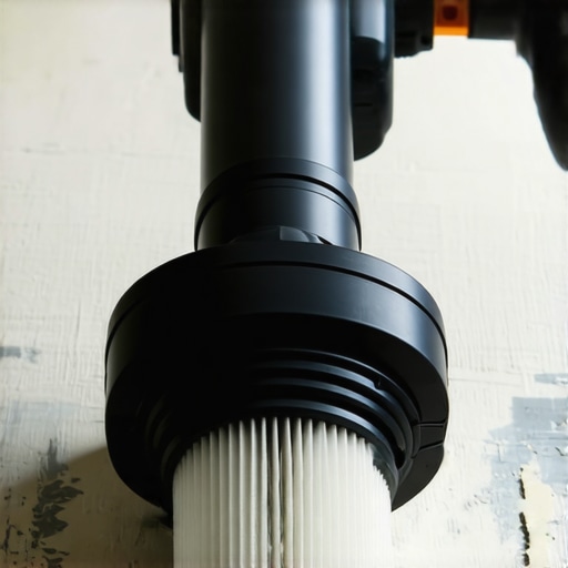 A hand holding a vacuum sander with dust collection during wall sanding.