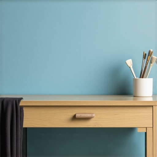 Applying soft blue paint to a home office wall Close up of a paint roller applying soft blue paint to a smooth office wall in natural light.