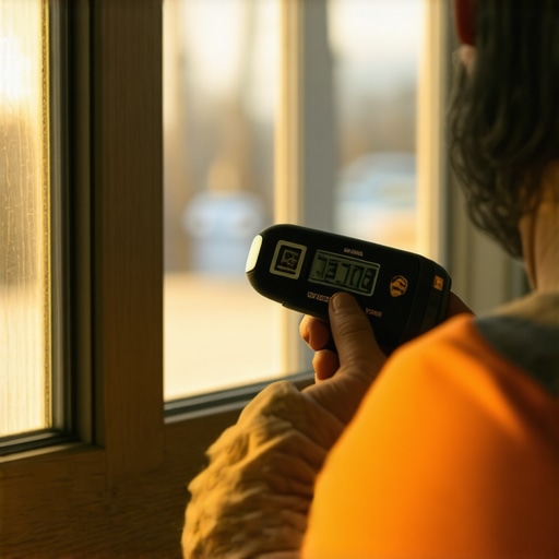 A professional painter uses a moisture meter to ensure a window sill is dry enough for painting.
