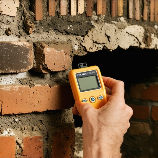 A professional painter testing the moisture levels of a brick fireplace with a digital meter.